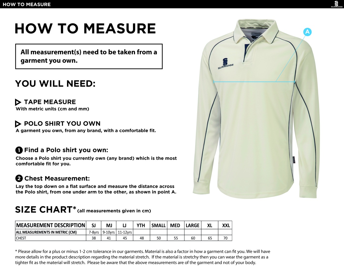 Binfield CC - Premier Long Sleeved Shirt - Size Guide
