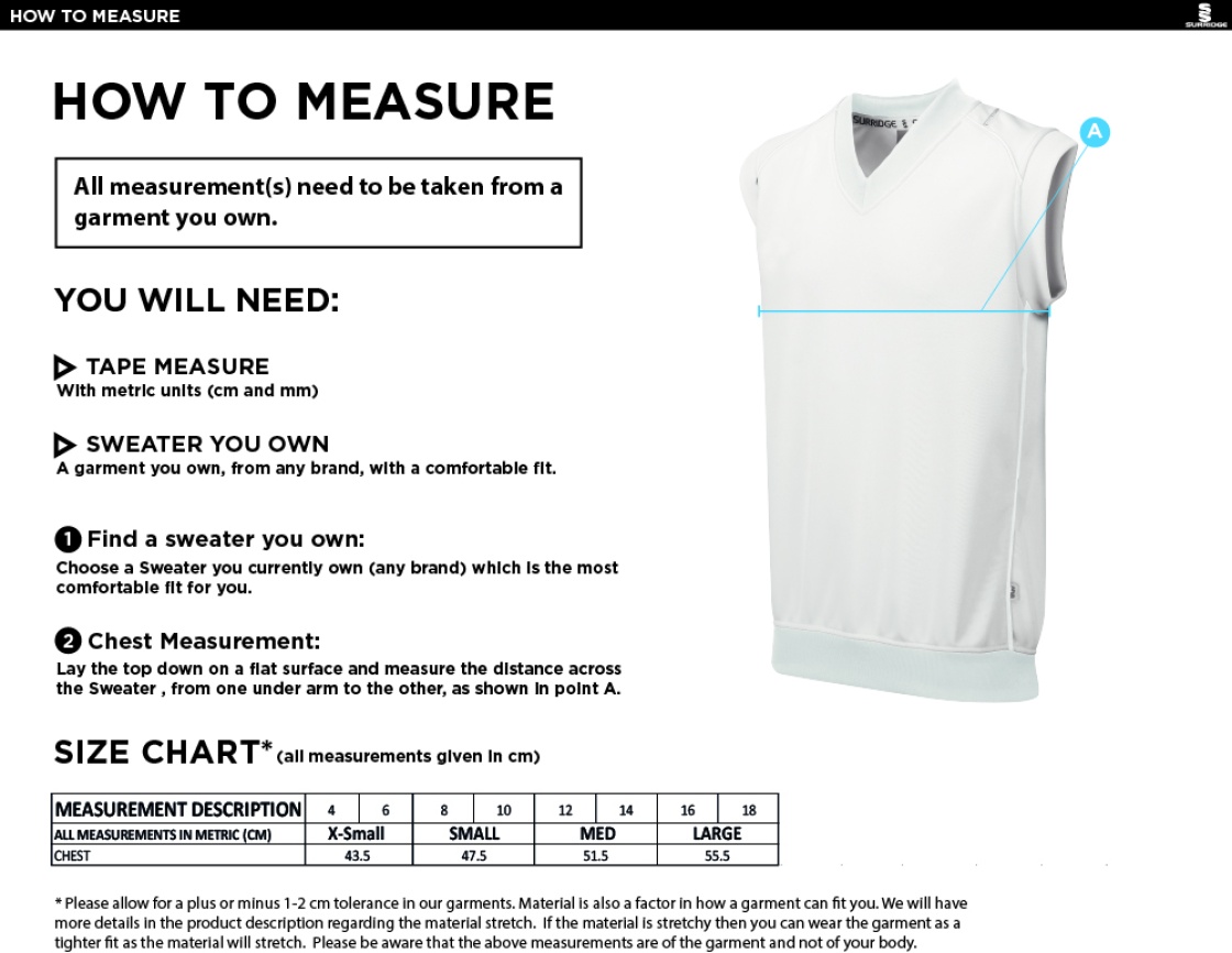 Binfield CC Blast Sleeveless Cricket Sweater - Size Guide