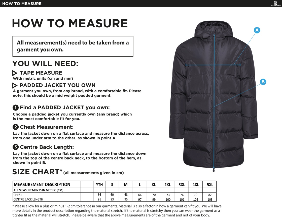 Binfield CC ACTIVE LONG PADDED JACKETS - Size Guide