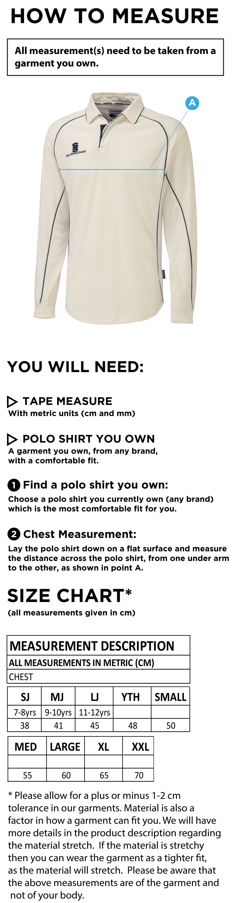 Binfield CC - Premier Long Sleeved Shirt - Size Guide