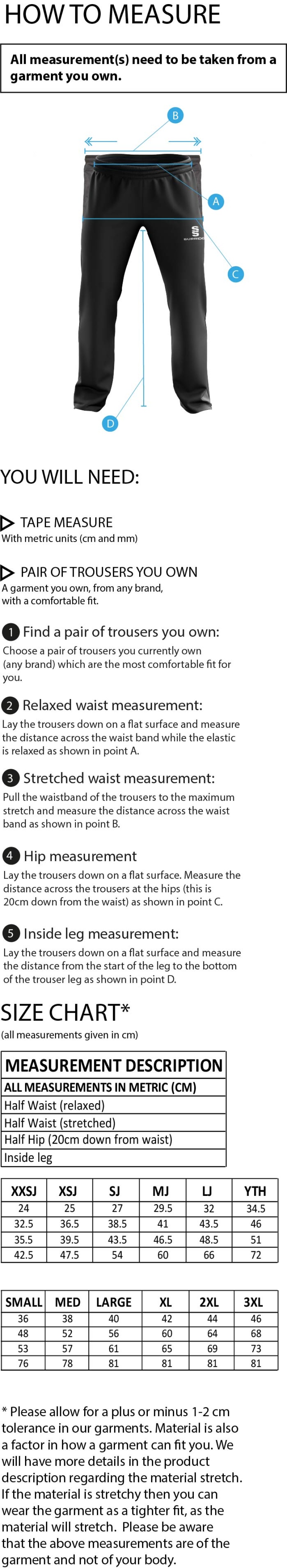 Binfield CC POPLIN TRACK PANT WITH LYCRA - Size Guide