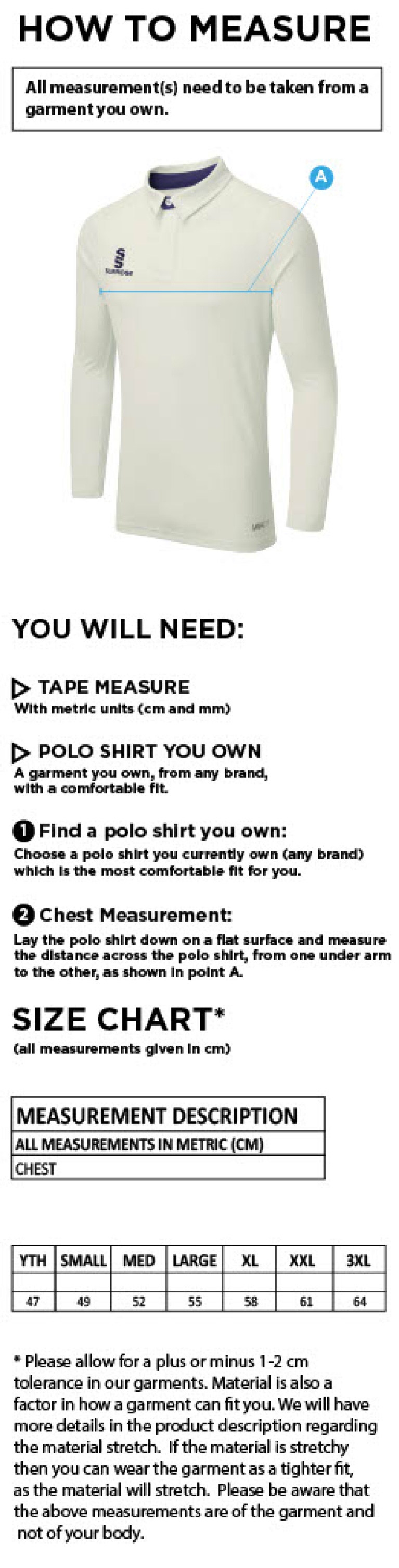 Binfield CC - Ergo L/S Playing Shirt - Size Guide