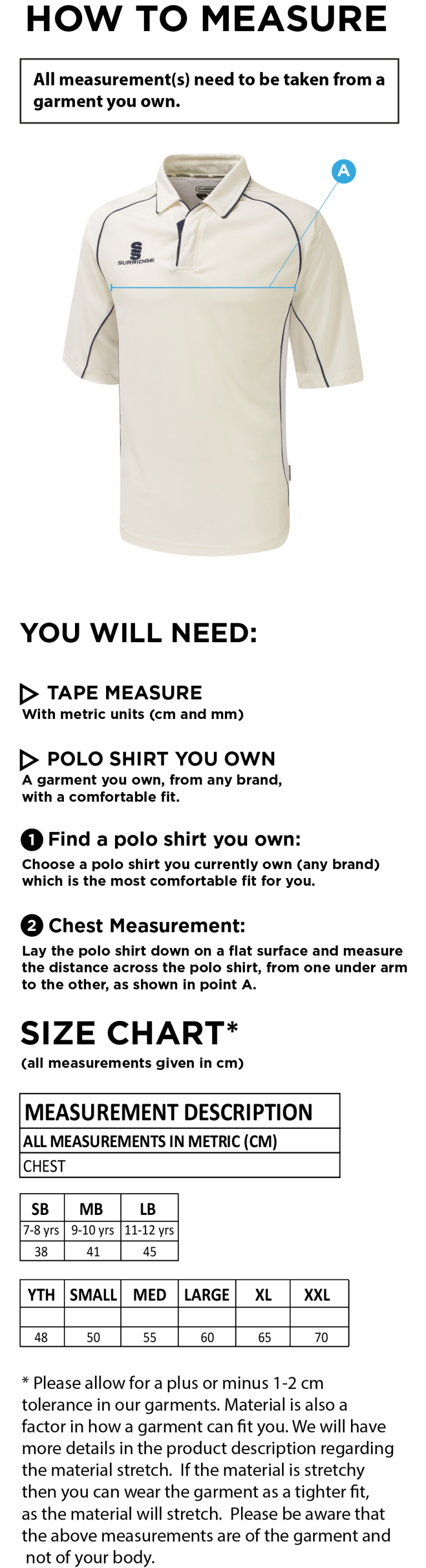 Binfield CC - Premier 3/4 Sleeved Shirt - Size Guide