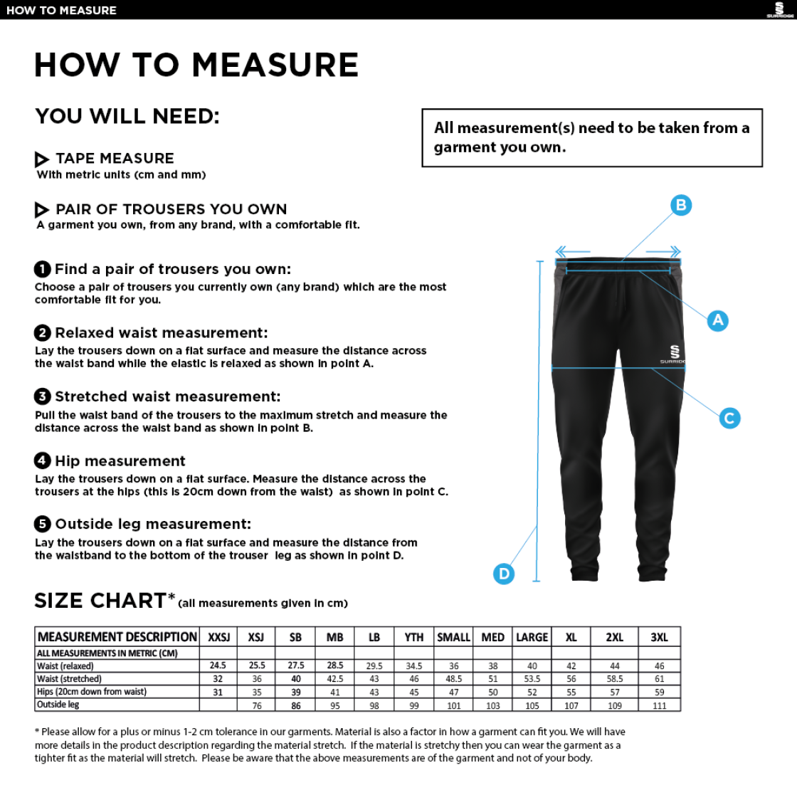 Binfield CC - Tek Slim Training Pants - Size Guide