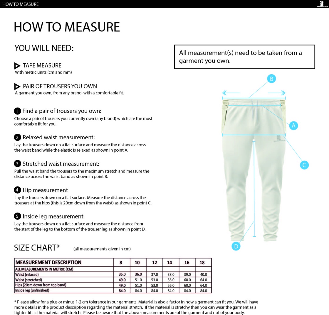 Binfield CC Ergo Playing Women`s Pant - Size Guide
