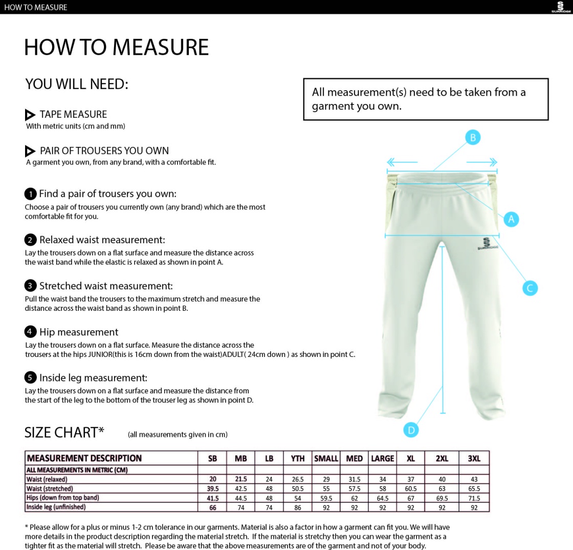 Binfield CC - Standard Fit Cricket Trousers - Size Guide