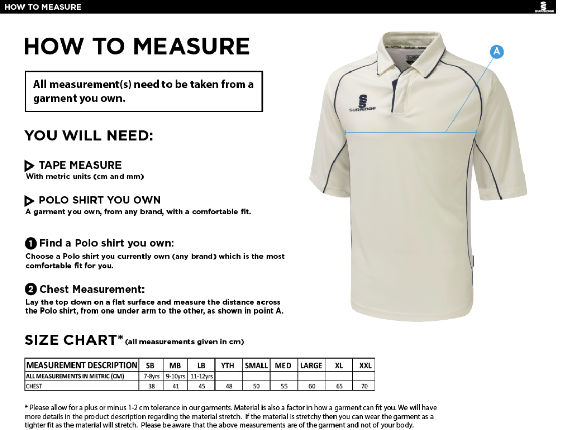 Binfield CC - Premier 3/4 Sleeved Shirt - Size Guide