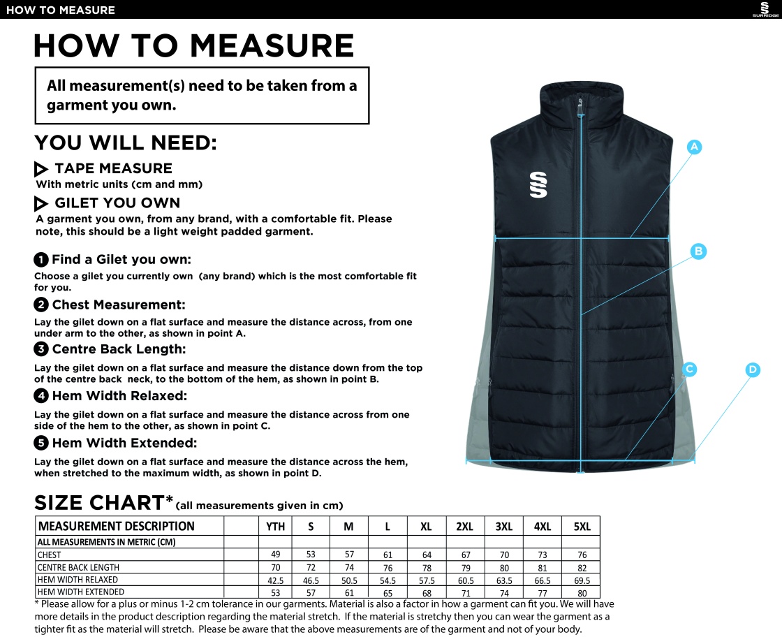 Binfield CC ACTIVE GILET - NAVY - Size Guide