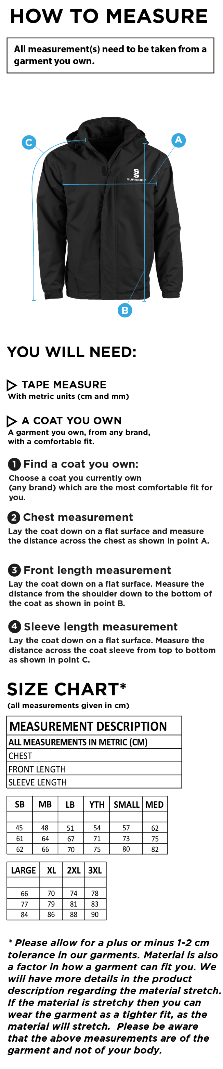 Binfield CC - Dual Fleece Lined Jacket - Size Guide