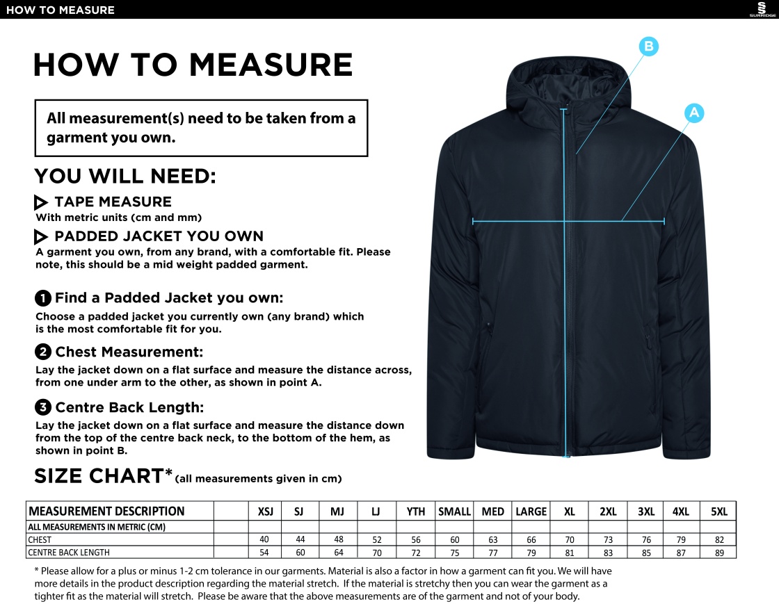 Binfield CC Active Padded Jacket - Navy - Size Guide