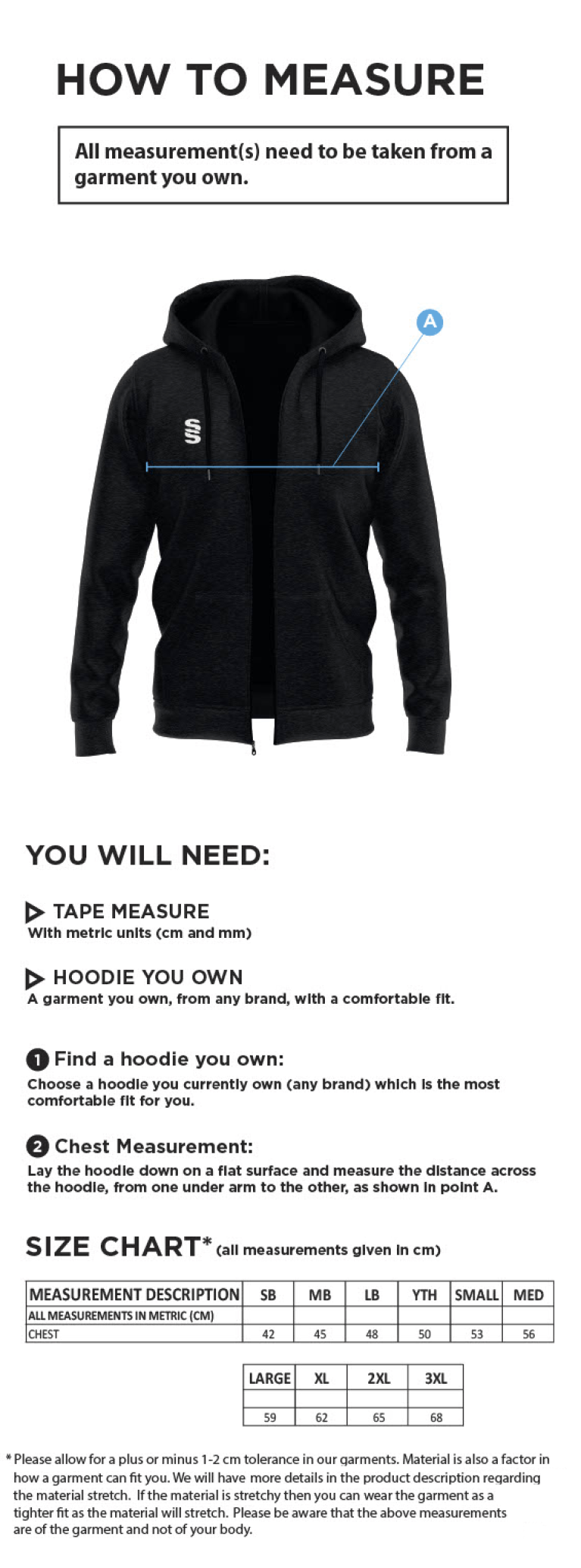 Binfield CC - Dual Full Zip Hoody - Size Guide