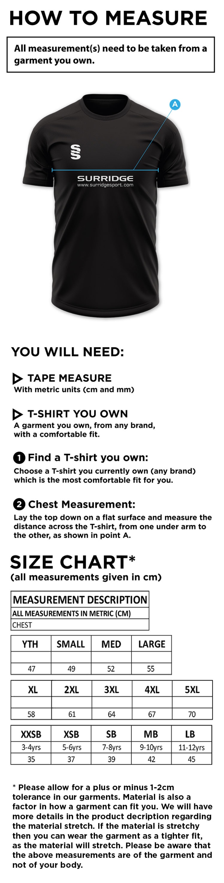 Binfield CC - Dual Solid Colour Polo - Size Guide
