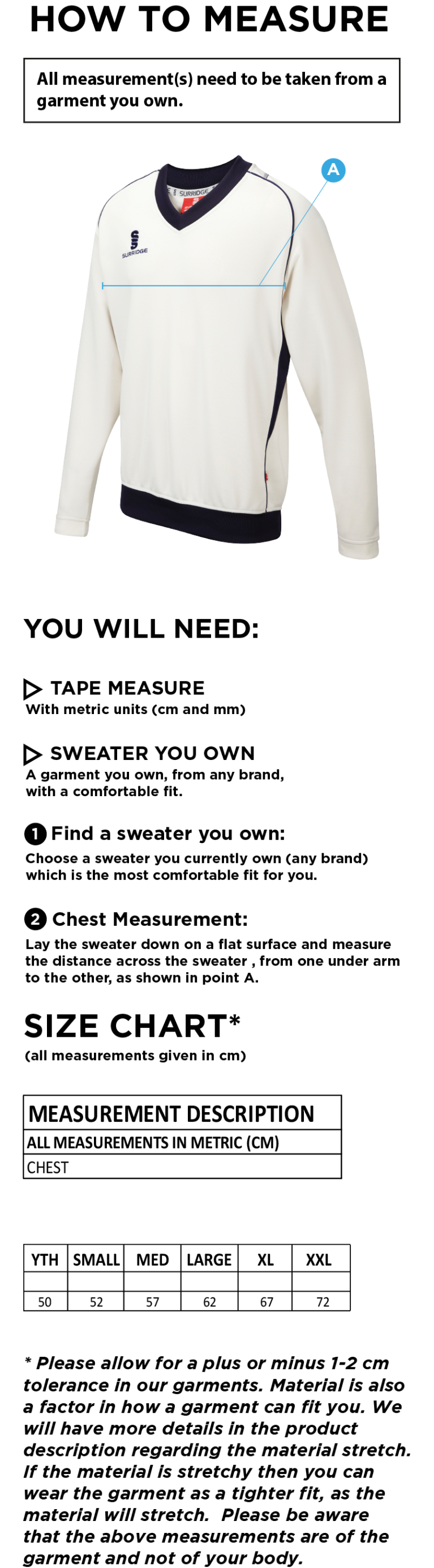 Binfield CC - Curve Long Sleeved Sweater - Size Guide