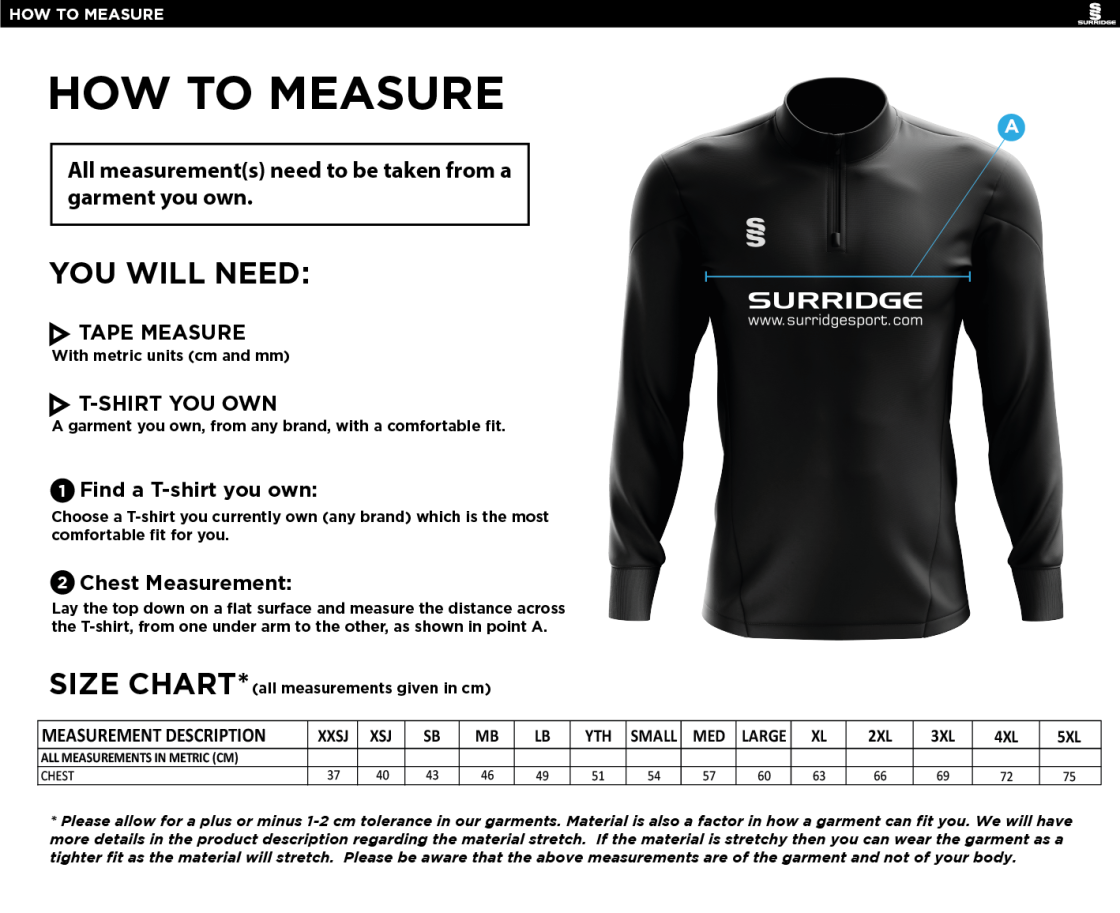 Binfield CC - 1/4 Zip Dual Performance Top - Size Guide