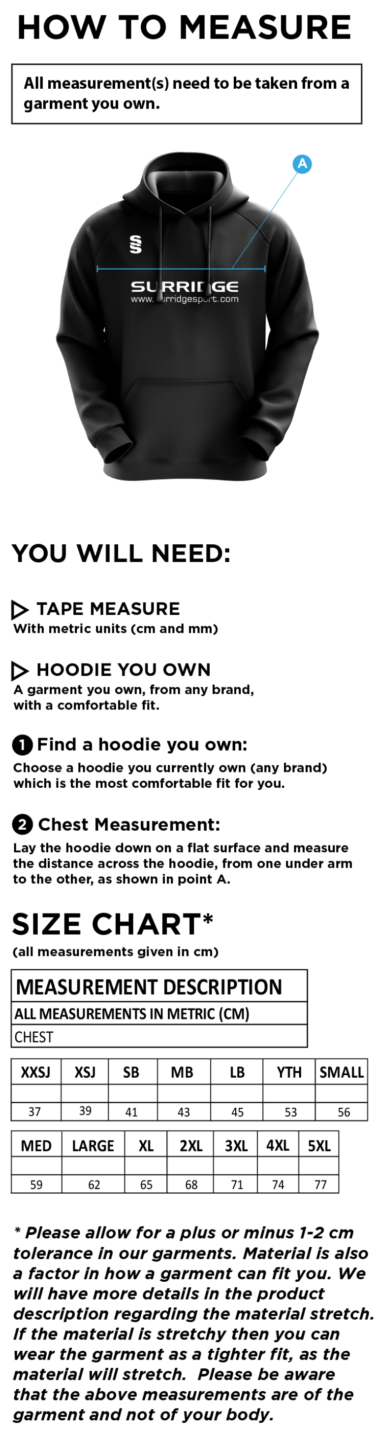 Binfield CC - Fuse Hoody - Size Guide