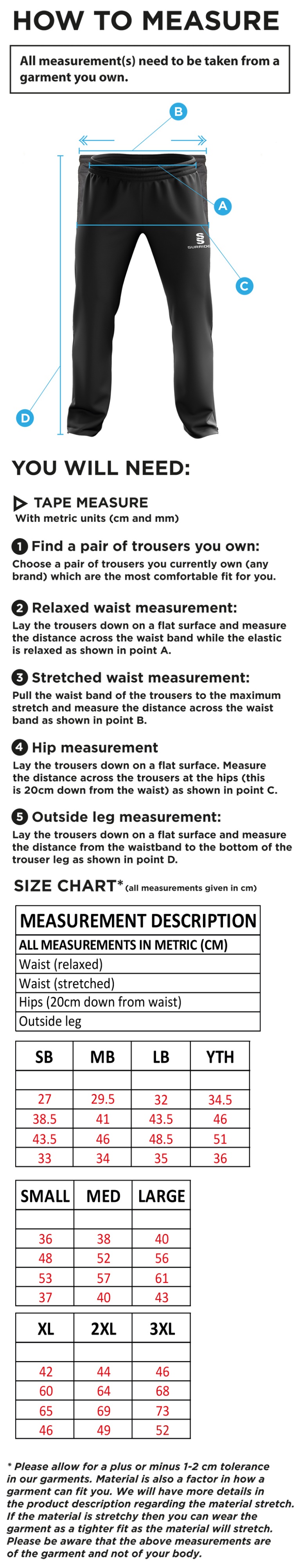 Binfield CC - Ripstop Track Pant - Size Guide