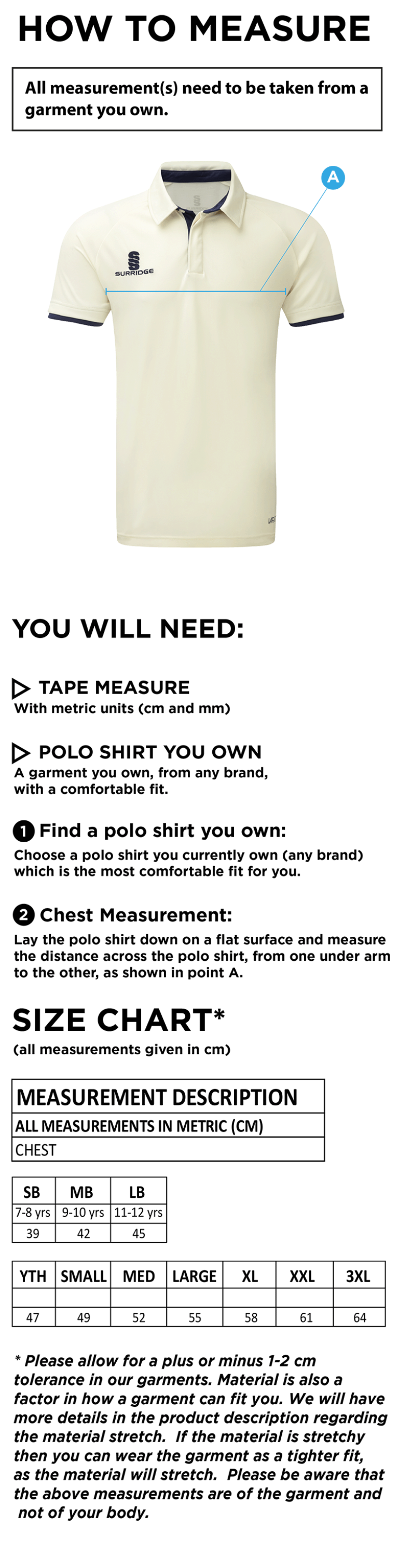 Binfield CC - Ergo S/S Playing Shirt - Size Guide