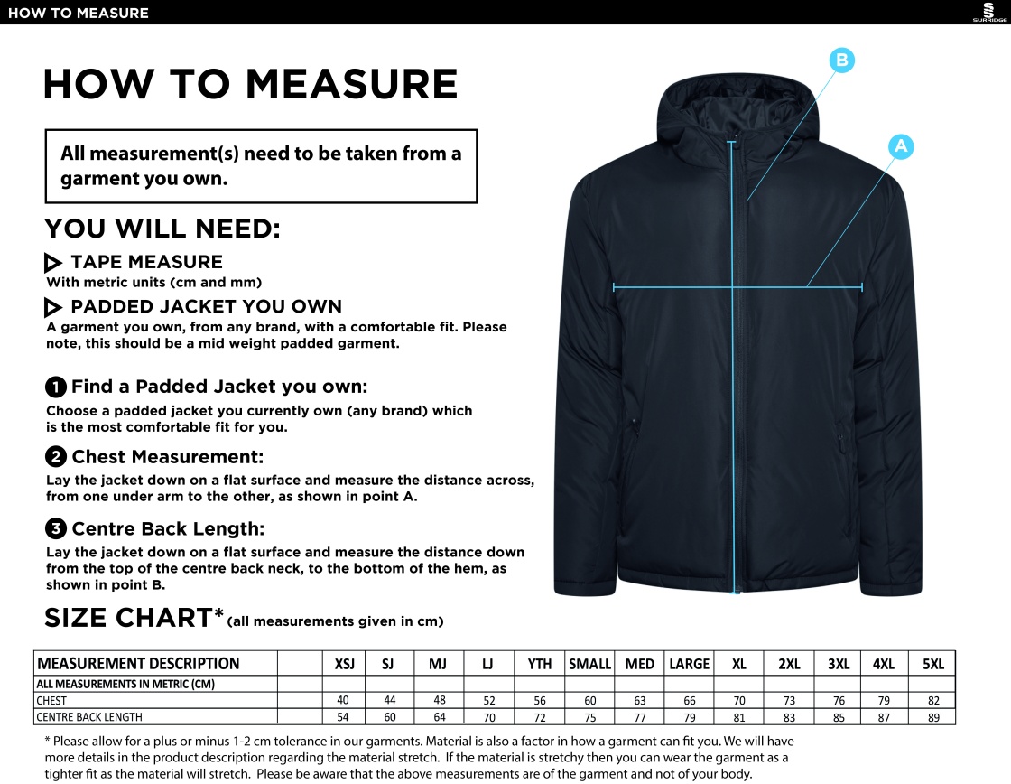 Binfield CC Active Padded Jacket - Black - Size Guide