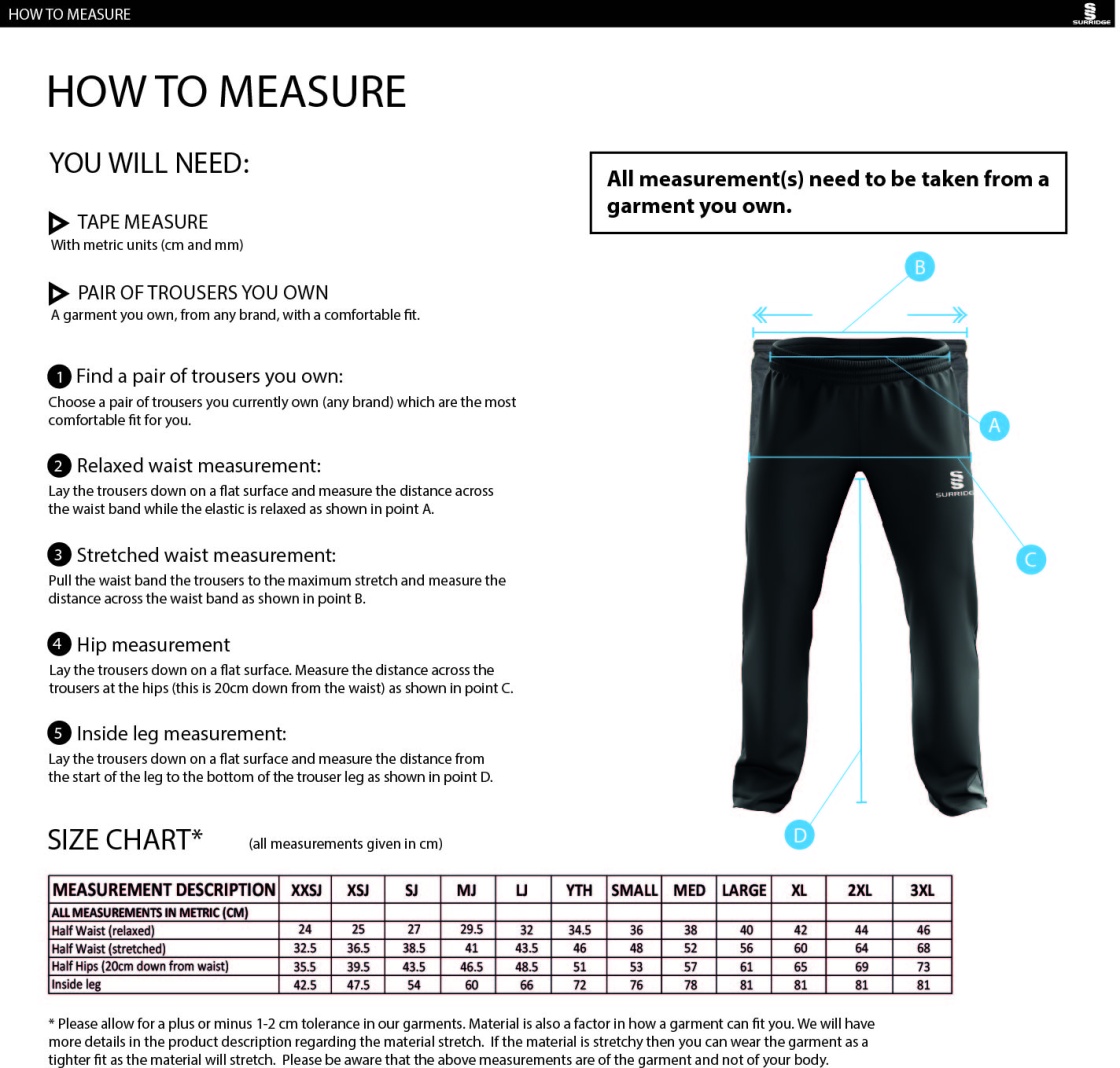 Binfield CC POPLIN TRACK PANT WITH LYCRA - Size Guide