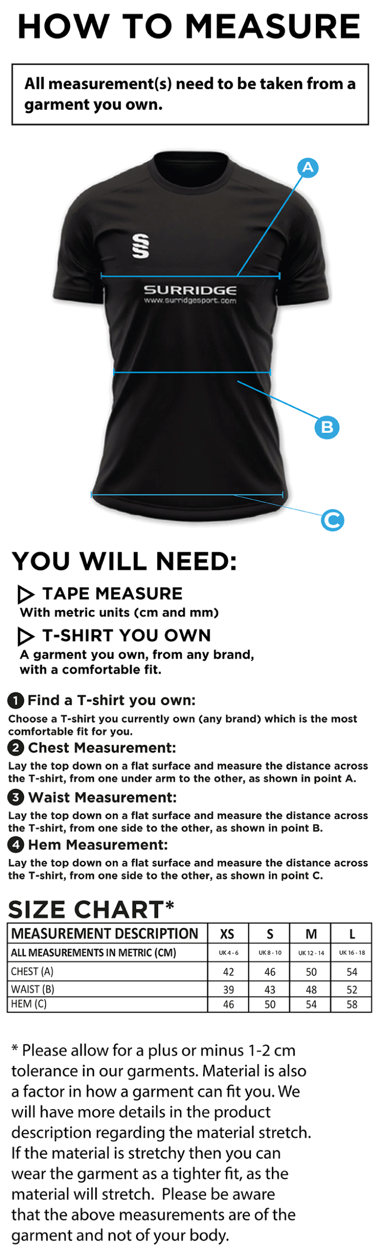Binfield CC - Women's Dual Games Shirt - Size Guide