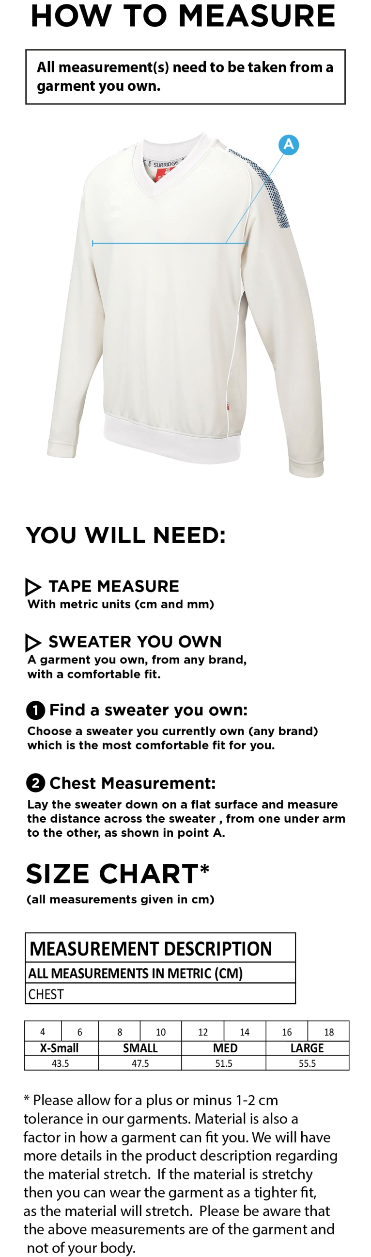 Binfield CC Blast Long Sleeve Cricket Sweater - Size Guide