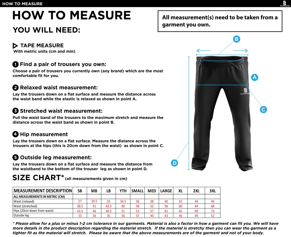 Binfield CC - Ripstop Track Pant - Size Guide