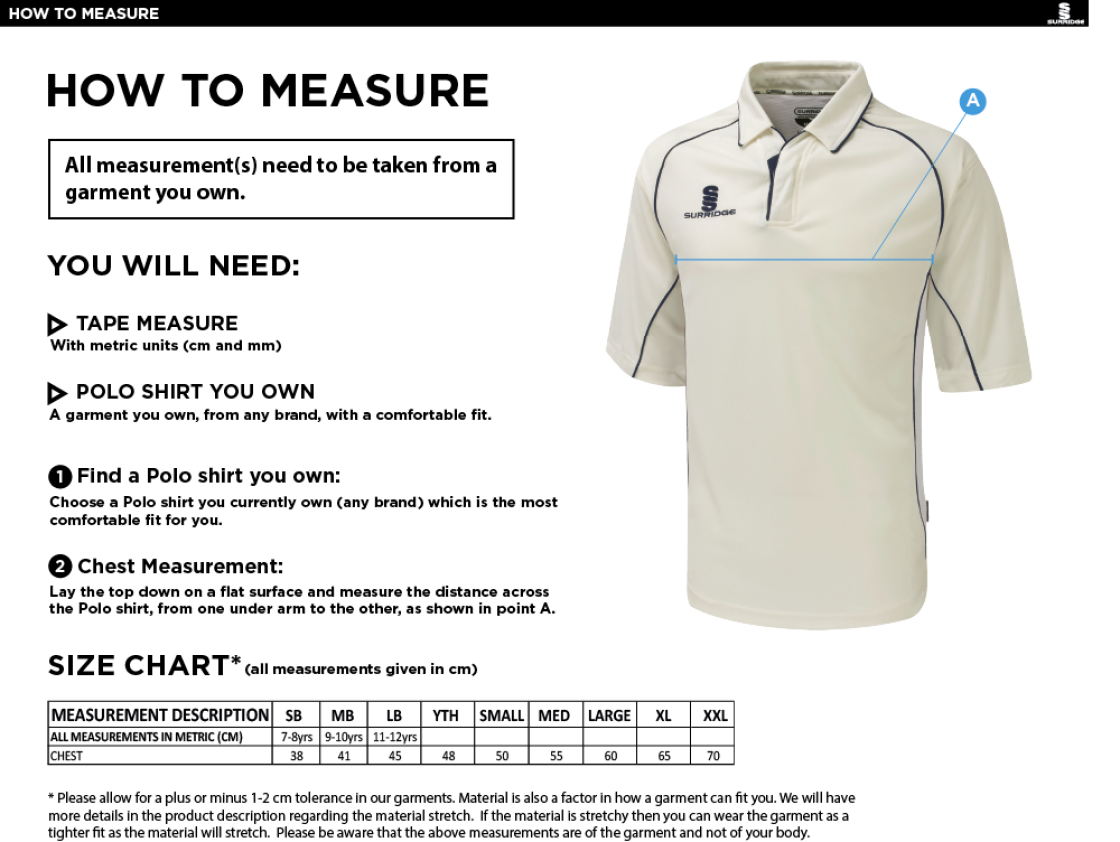 Binfield CC Dual Premier Short Sleeve Shirt - Size Guide