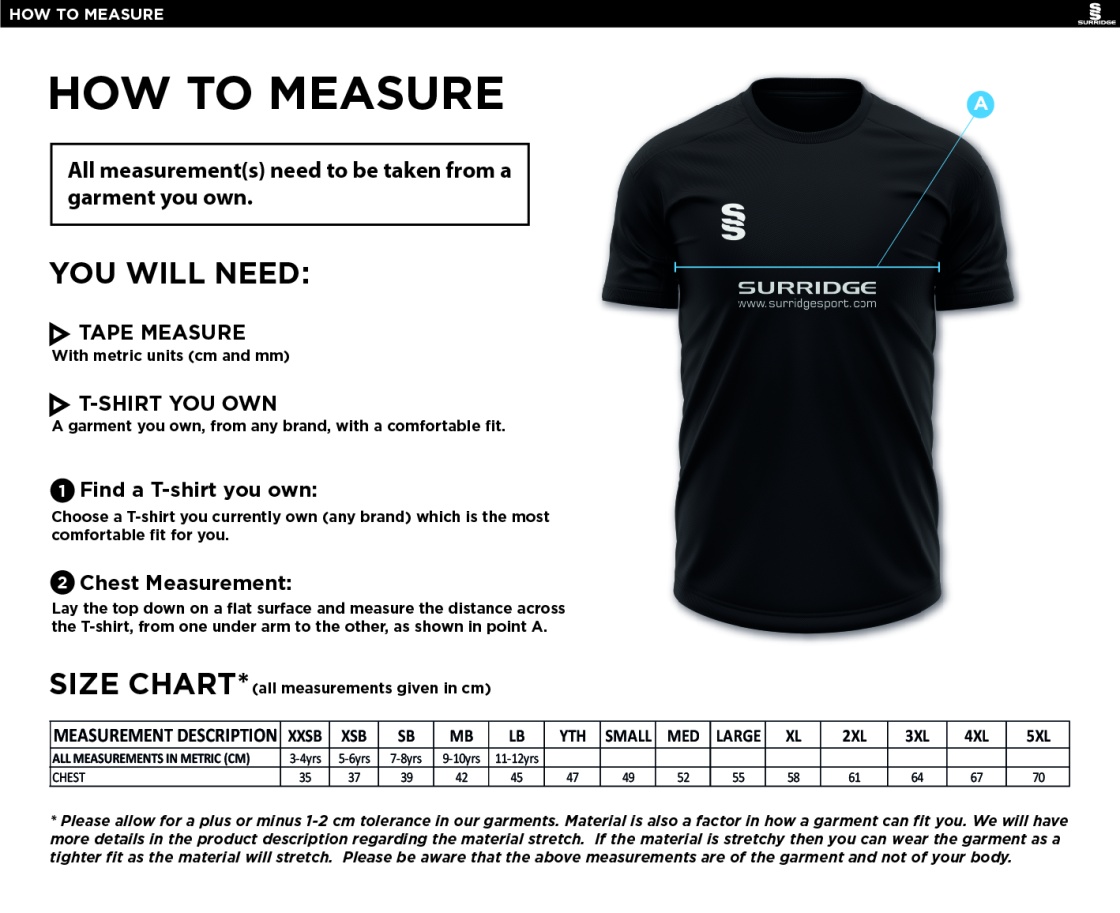 Binfield CC - Dual Solid Colour Polo - Size Guide