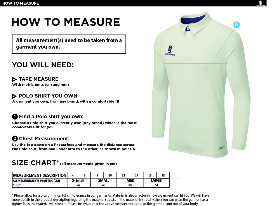 Binfield CC DUAL LONG SLEEVE CRICKET SHIRT (WOMENS)-Ivory - Size Guide