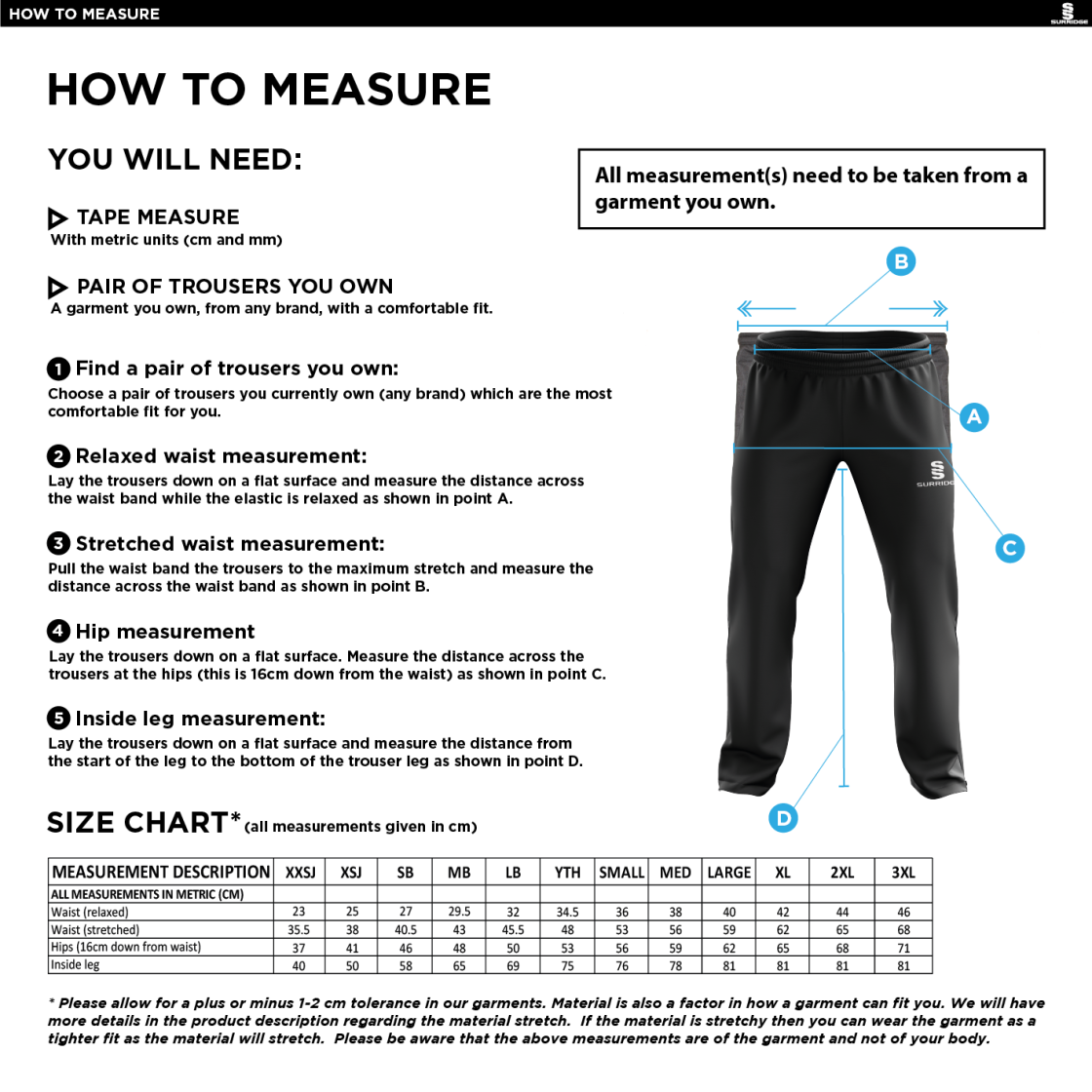 Binfield CC - Poplin Track Pant - Size Guide
