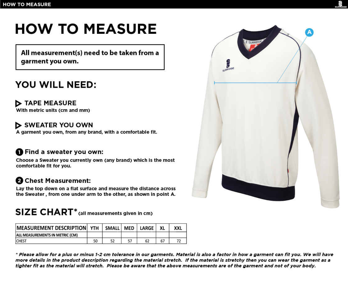 Binfield CC - Curve Long Sleeved Sweater - Size Guide