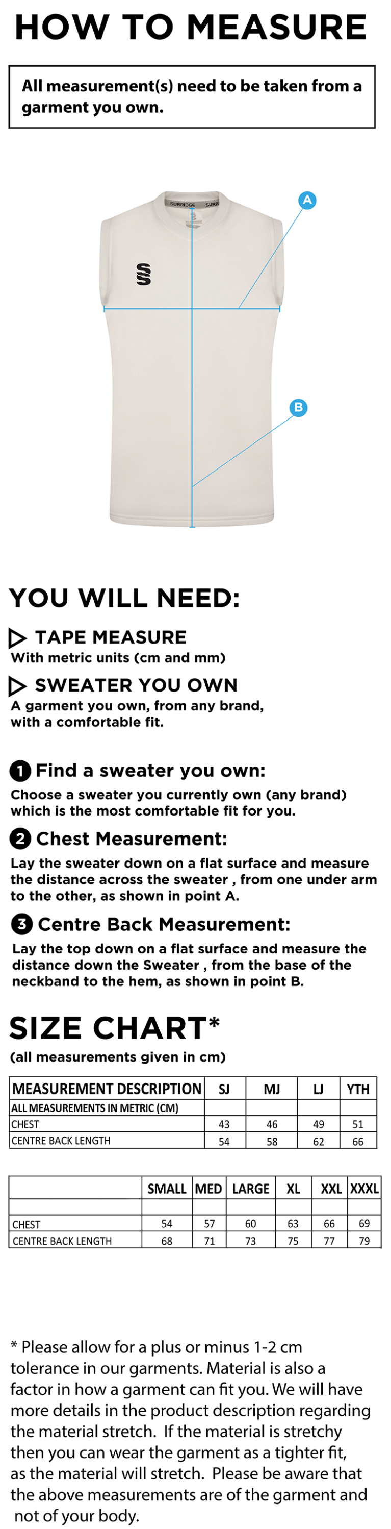 Binfield CC - Blast Sleeveless Cricket Sweater - Size Guide