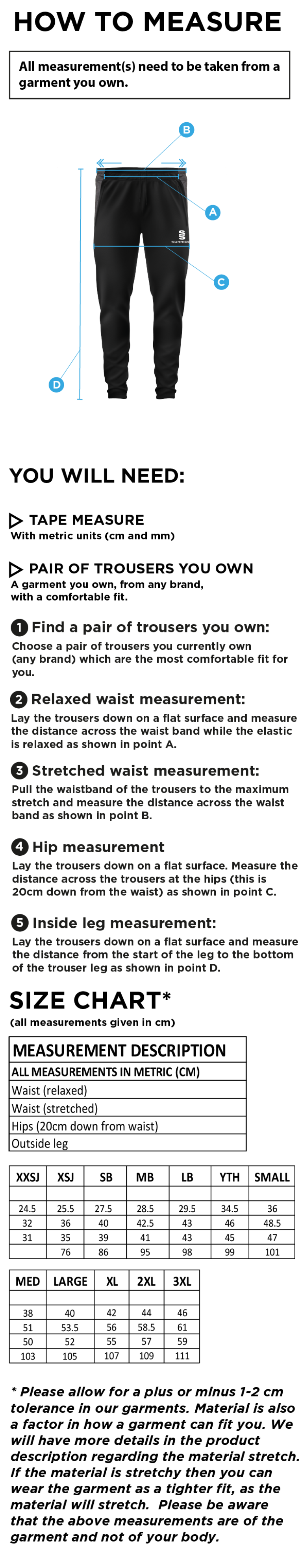 Binfield CC - Tek Slim Training Pants - Size Guide