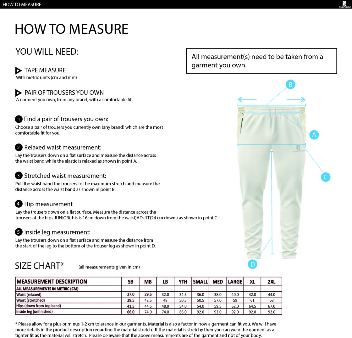 Binfield CC - Tek Playing Pants - Size Guide