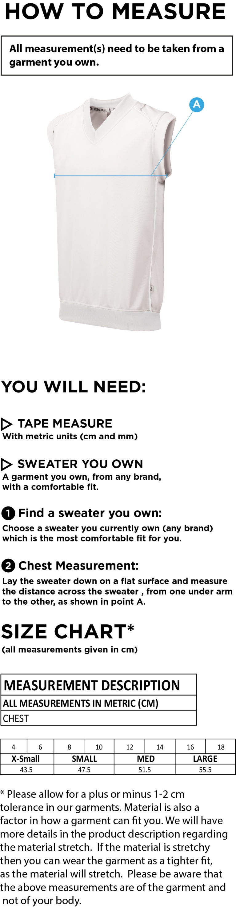 Binfield CC Blast Sleeveless Cricket Sweater - Size Guide