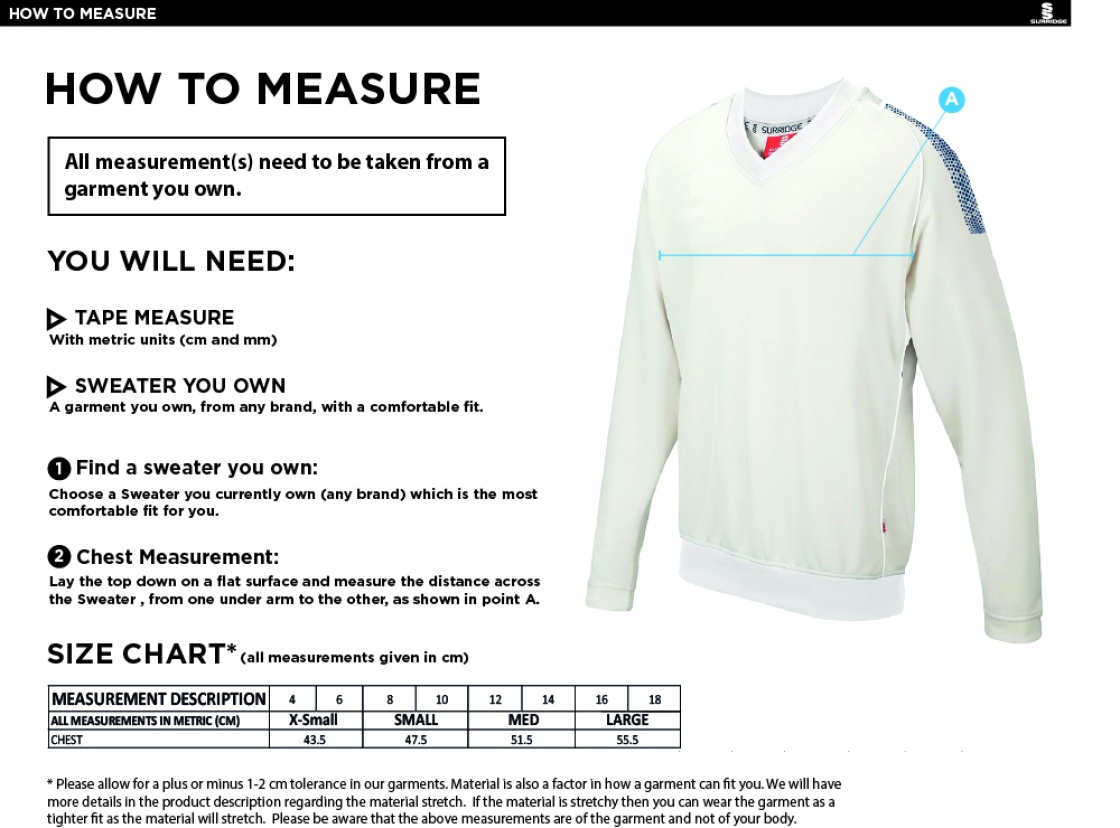 Binfield CC Blast Long Sleeve Cricket Sweater - Size Guide