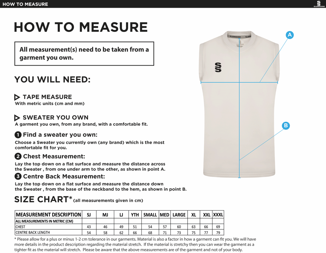 Binfield CC - Blast Sleeveless Cricket Sweater - Size Guide