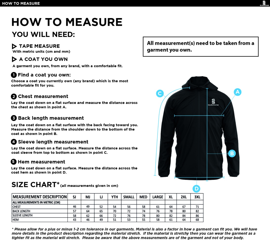 Binfield CC Dual Elite 1/4 Zip Hoody / Rain Jacket - Size Guide