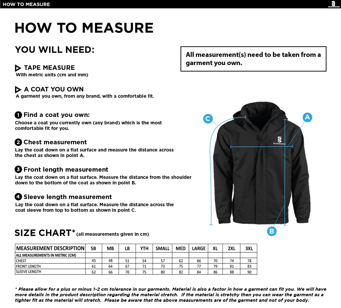 Binfield CC - Dual Fleece Lined Jacket - Size Guide