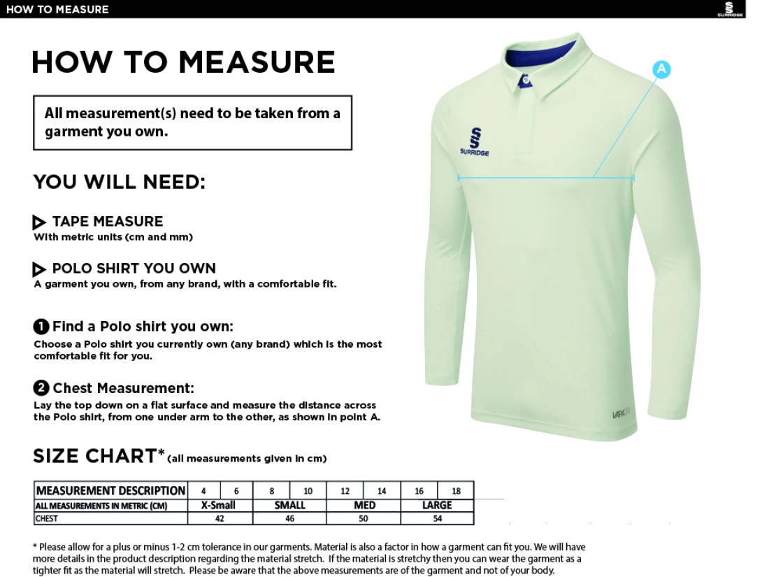 Binfield CC DUAL LONG SLEEVE CRICKET SHIRT (WOMENS)-Ivory - Size Guide
