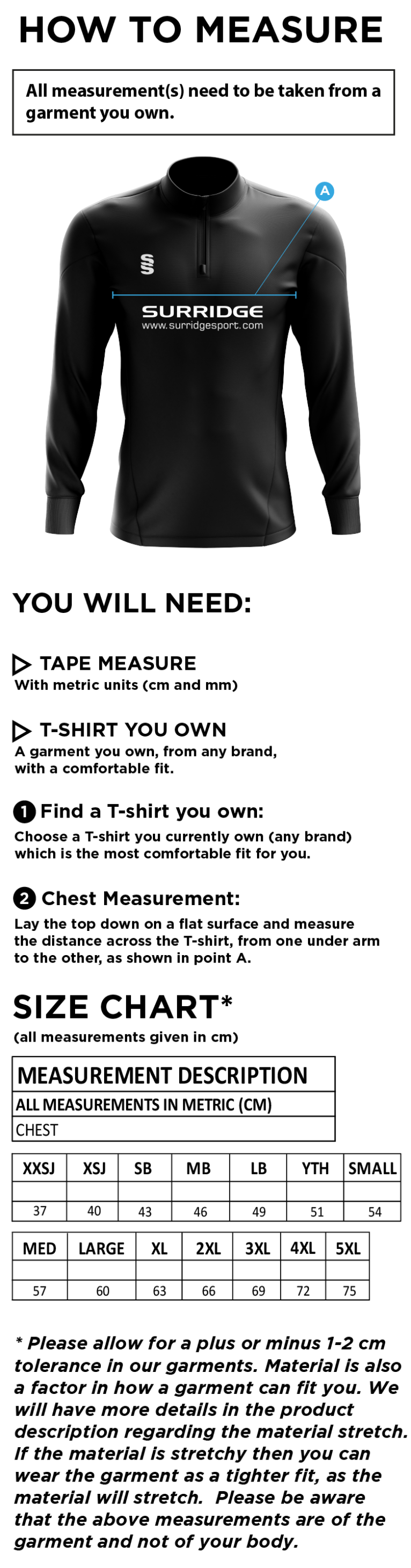 Binfield CC - 1/4 Zip Dual Performance Top - Size Guide