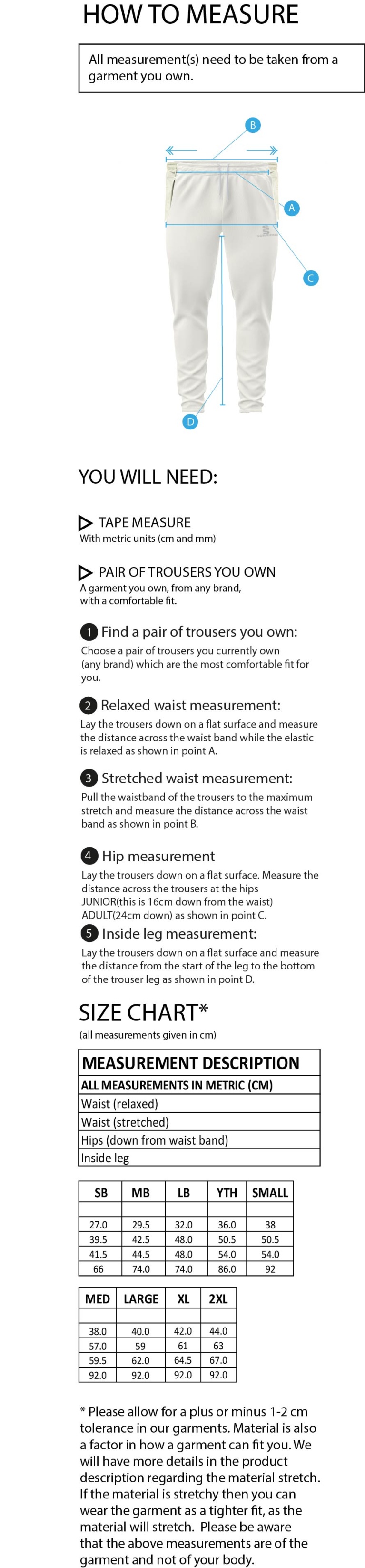 Binfield CC - Tek Playing Pants - Size Guide