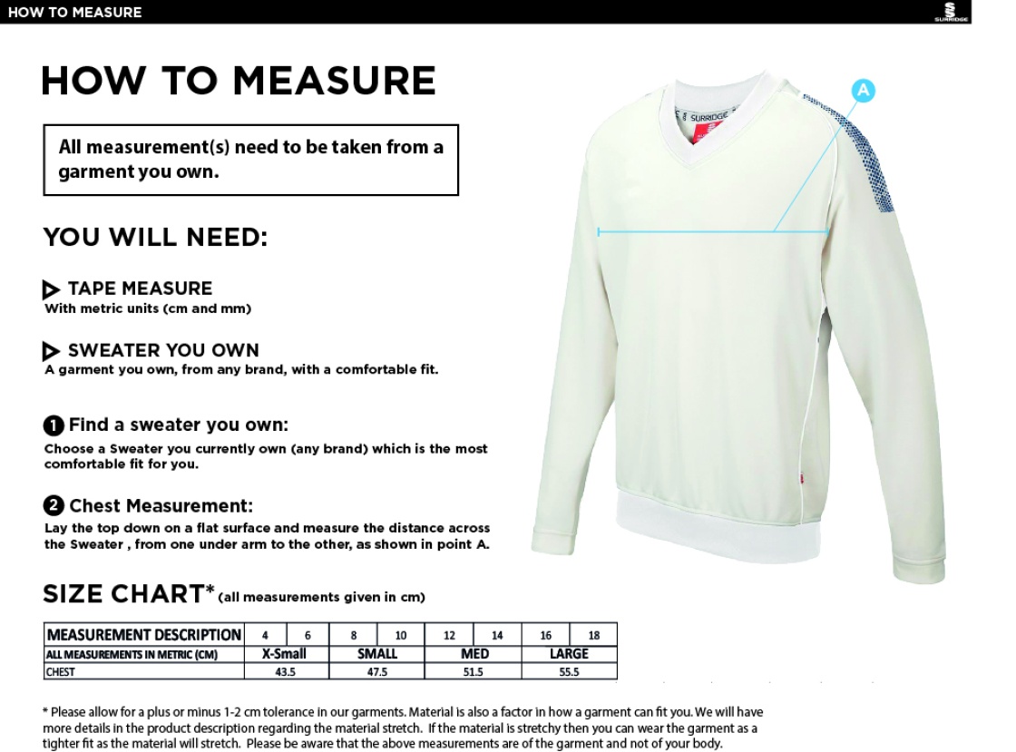 Binfield CC Blast Long Sleeve Cricket Sweater - Size Guide