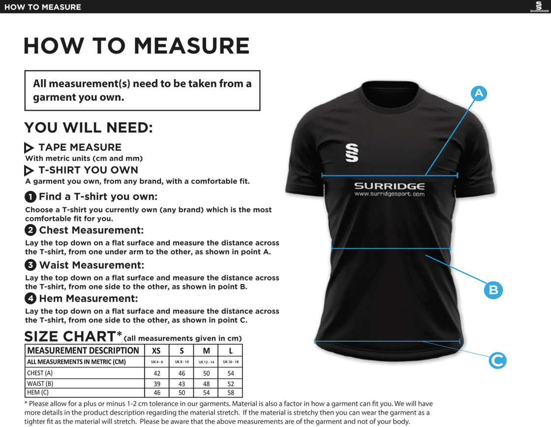 Binfield CC - Women's Dual Games Shirt - Size Guide