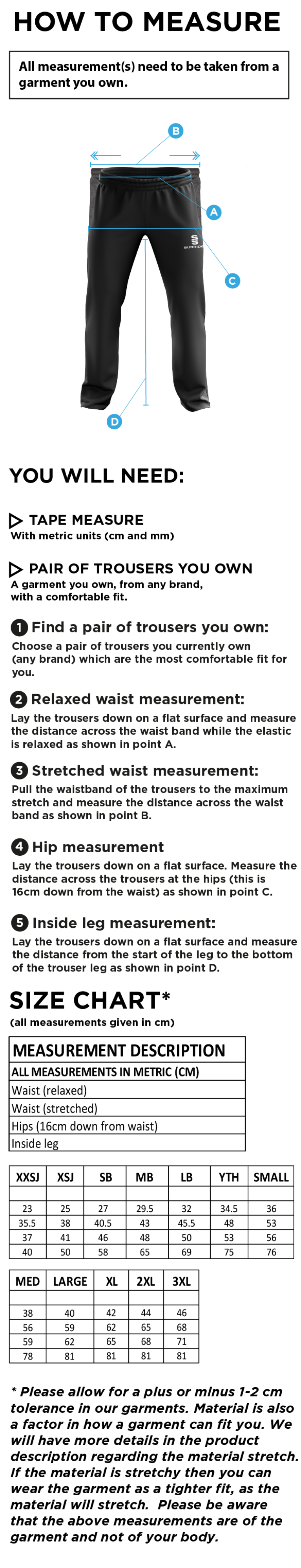 Binfield CC - Poplin Track Pant - Size Guide