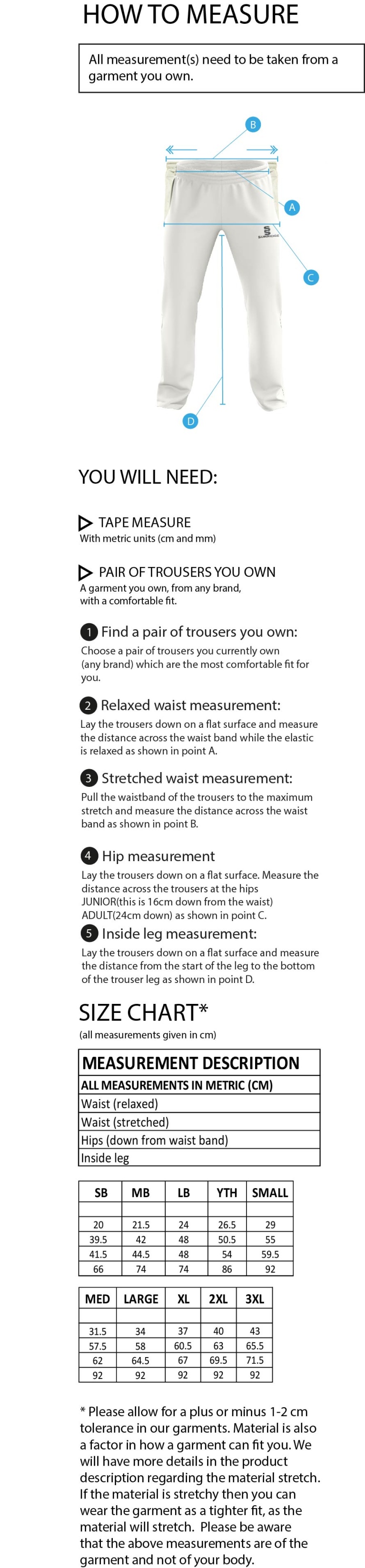 Binfield CC - Standard Fit Cricket Trousers - Size Guide