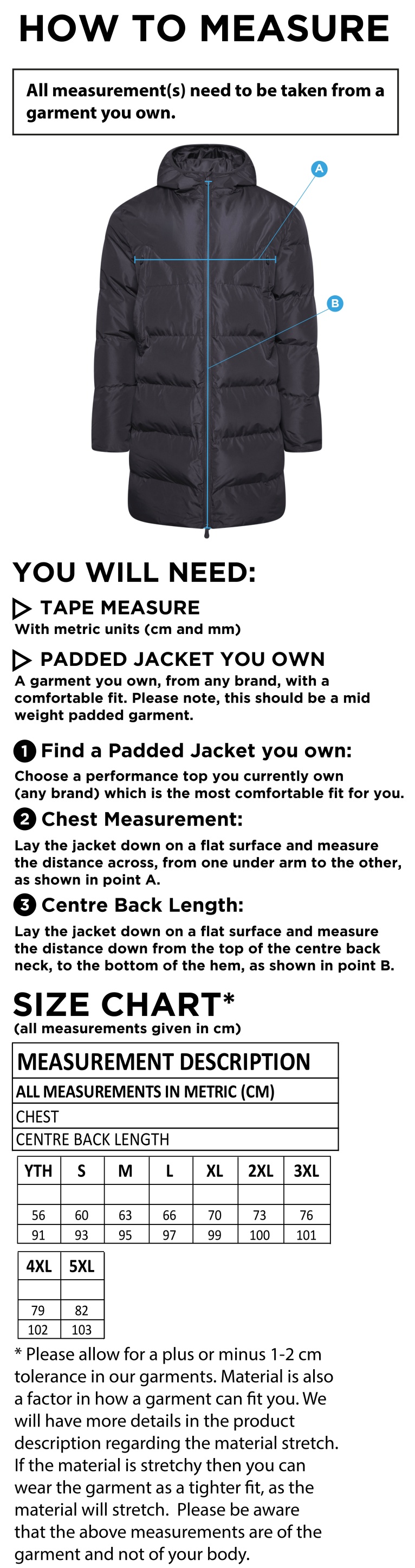 Binfield CC ACTIVE LONG PADDED JACKETS - Size Guide