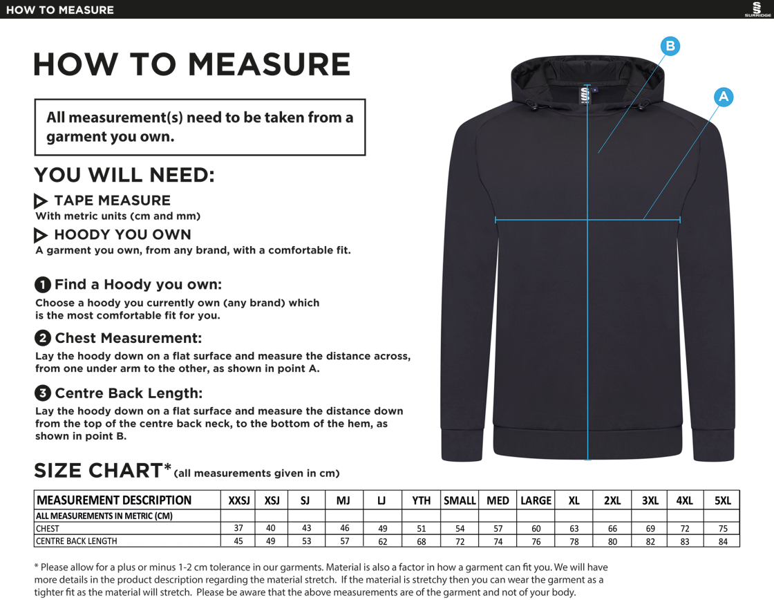 Binfield CC ACTIVE HOODY NAVY - Size Guide